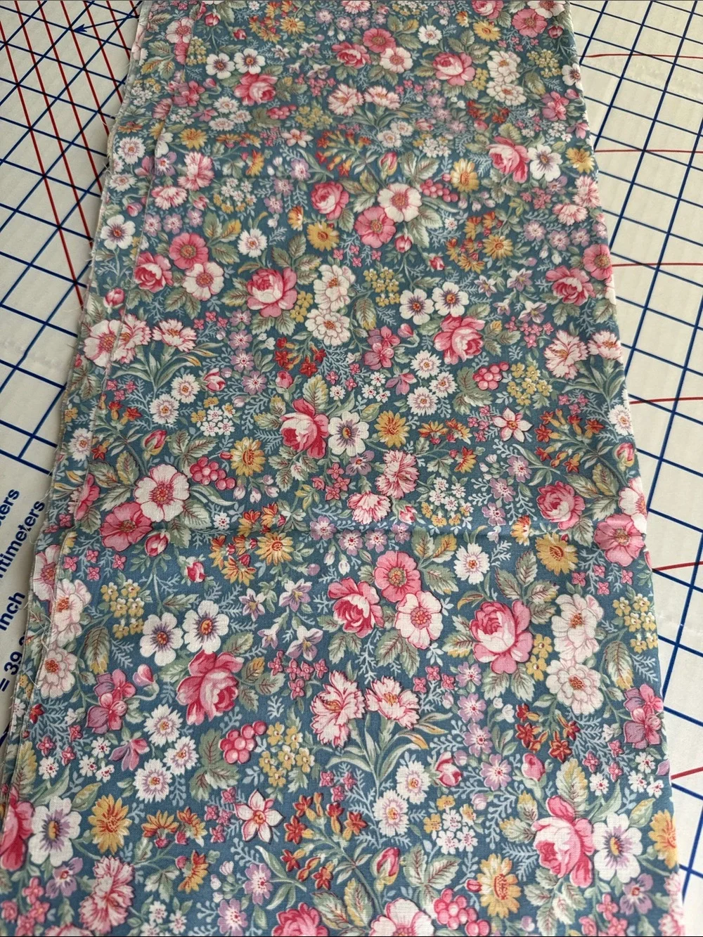 Vintage 1980s Floral Fabric 1 Yard x 44 Teal Pink Roses English Garden Cotton